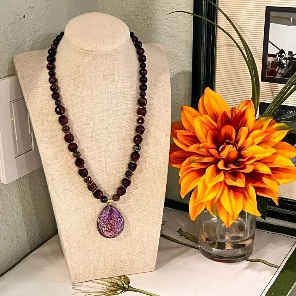 NWT Barse Genuine Stones Purple Tiger’s Eye Pendant necklace #BJNK